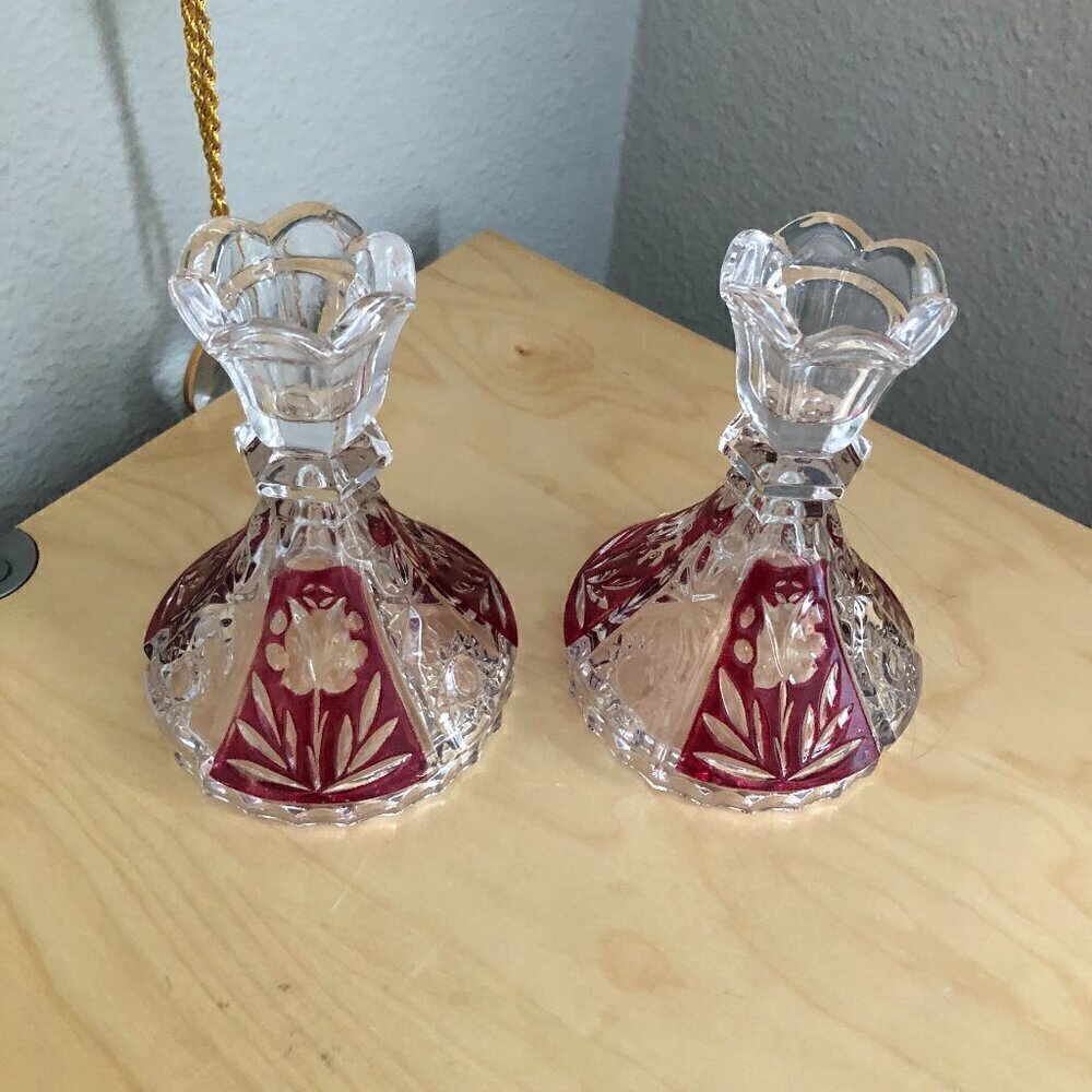 Vintage Anne Hutte Bleikristall Lead Crystal Ruby Candlesticks Made in Germany